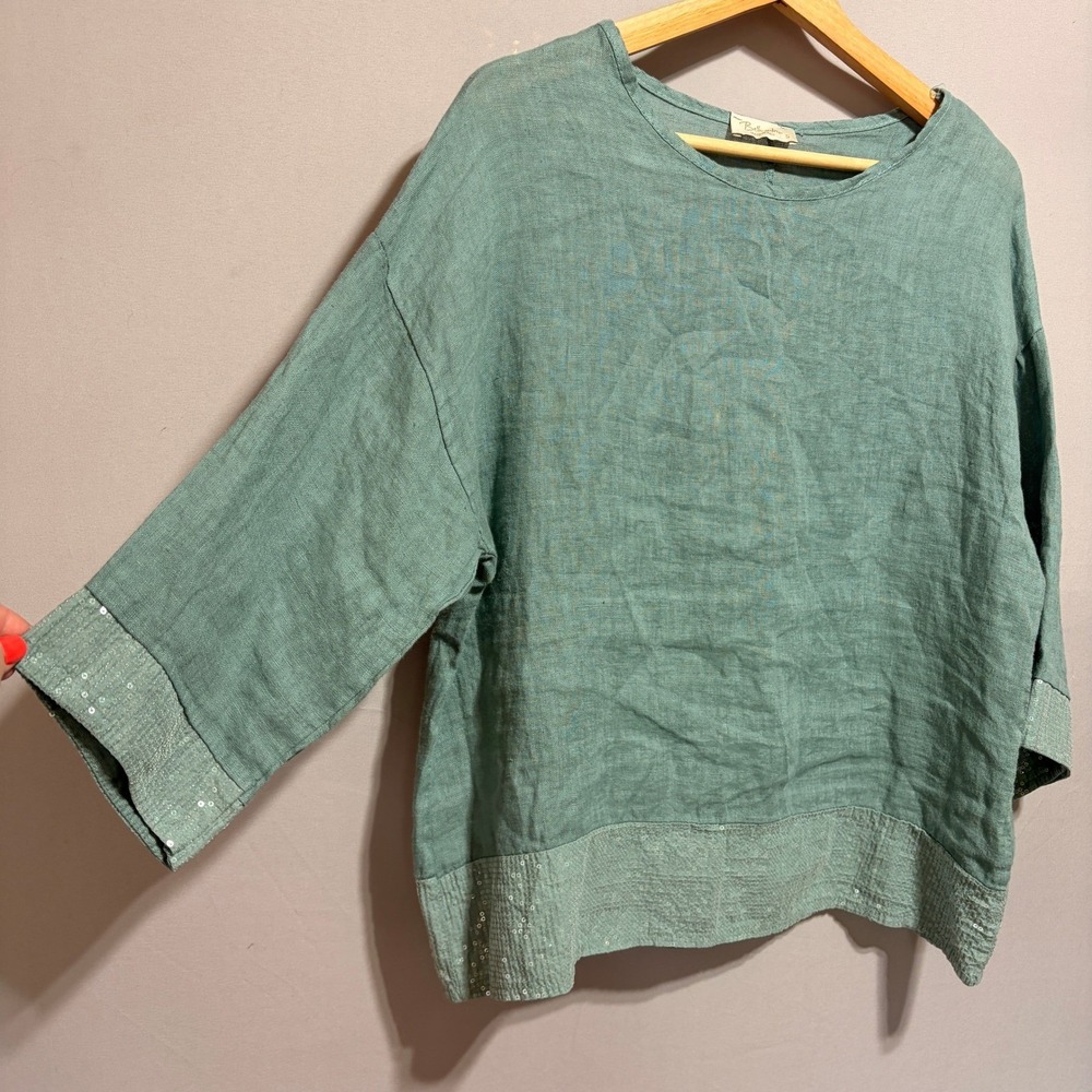 100% Linen Made in Italy Top Bellambra Boxy Sequin Green Lagenlook Resort S